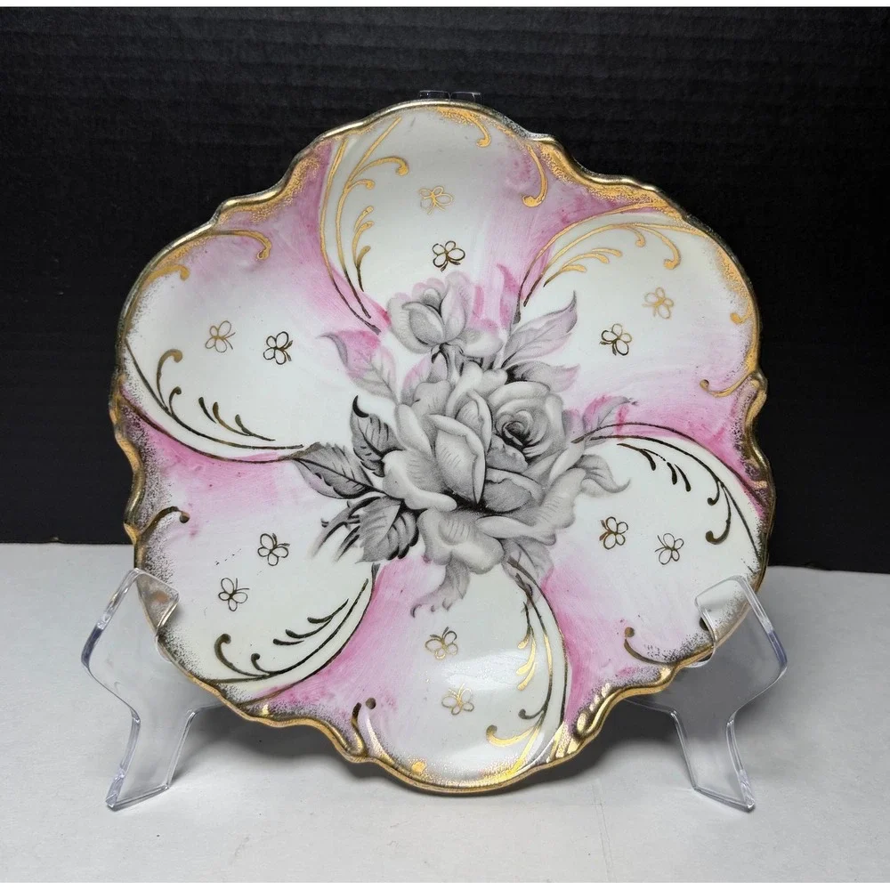Vintage Trimont Ware Japan Pink Grey Rose Porcelain Scalloped Gold Gilt Bowl 8in